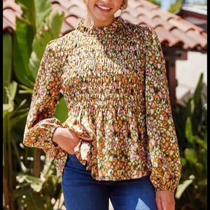 JODIFL Multicolor leopard Smocked Blouse Small